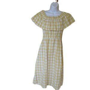 White Yellow Fit and Flare Plaid Checked Bibbed Midi Dress Fits Size Small